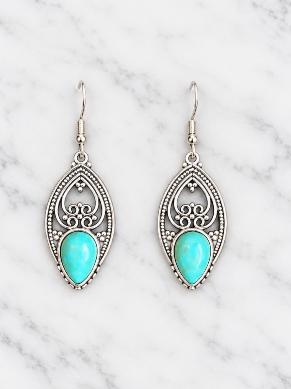 Turquoise Teardrop Filigree Dangle Earrings - Silver-Tone Hardware